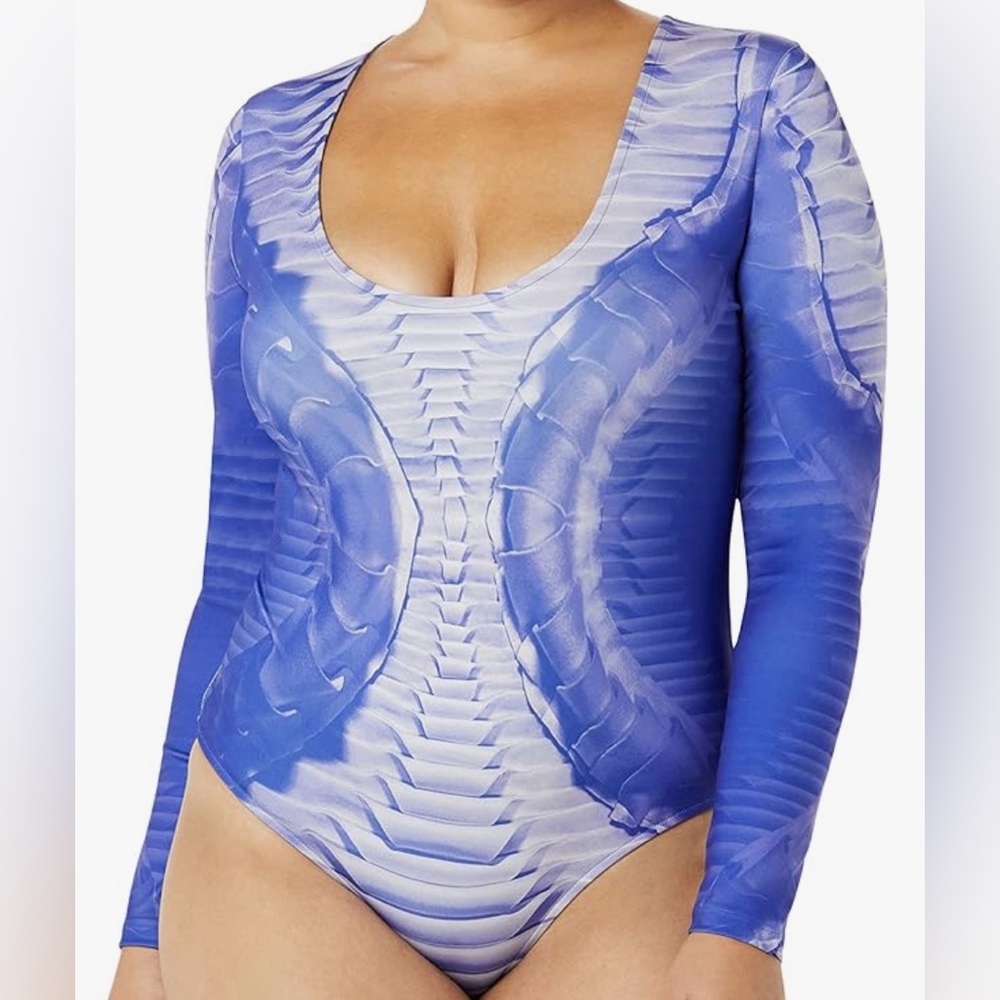 Making the Cut Bodysuit Size Large Blue Printed Skeleton Stretch Long Sleeve